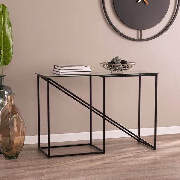 Black Round Glass Top Console Tables Regarding Newest Contemporary Black Metal Glass Console Table – Overstock (View 4 of 10)