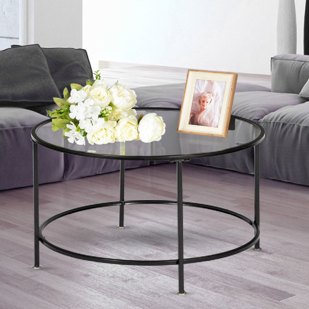 Black Round Glass Top Console Tables Within Most Current Hodely 26" Round Glass Coffee Table With Black Iron Frame (View 2 of 10)