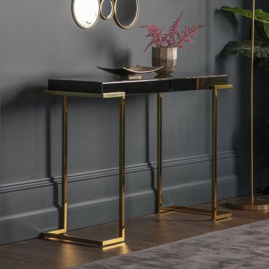 Canela Mirrored Console Table In Black With Gold Metal Intended For Favorite Matte Black Console Tables (View 2 of 10)