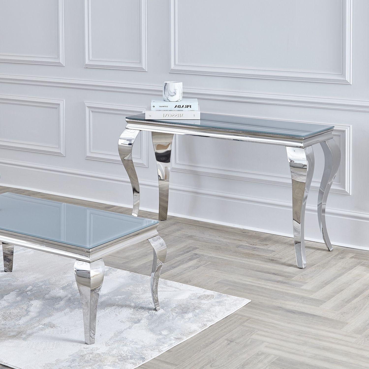 Chrome And Glass Modern Console Tables Inside Preferred Louis Grey Glass Chrome Console Table / 100cm – Niches (View 2 of 10)