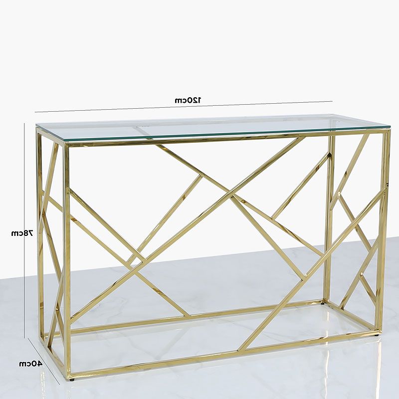 Claudette Gold Metal And Glass Console Table Hallway Table For Well Liked Geometric Glass Top Gold Console Tables (View 9 of 10)
