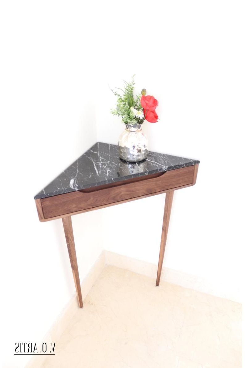 Corner Console Table In Walnut Or Solid Oak With Marble Regarding Most Current Honey Oak And Marble Console Tables (View 3 of 10)
