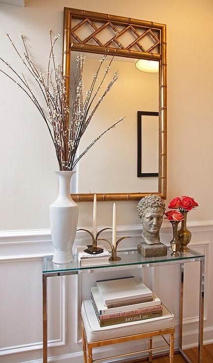 Cream And Gold Console Tables Inside 2019 Glass Top Foyer Table With Gold Bamboo Mirror (View 7 of 10)