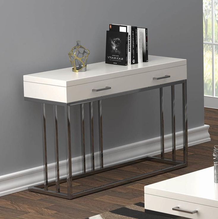 Current 723139 Orren Ellis 2 Drawer Glossy White Chrome Metal With Regard To Chrome Console Tables (View 4 of 10)