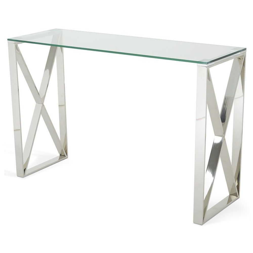 Current Glass Console Table Silver Stainless Steel Base Living Pertaining To Metallic Silver Console Tables (View 4 of 10)