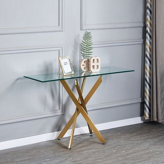 Daytona Clear Glass Console Table With Brushed Gold Legs With Regard To Favorite Square Black And Brushed Gold Console Tables (View 1 of 10)