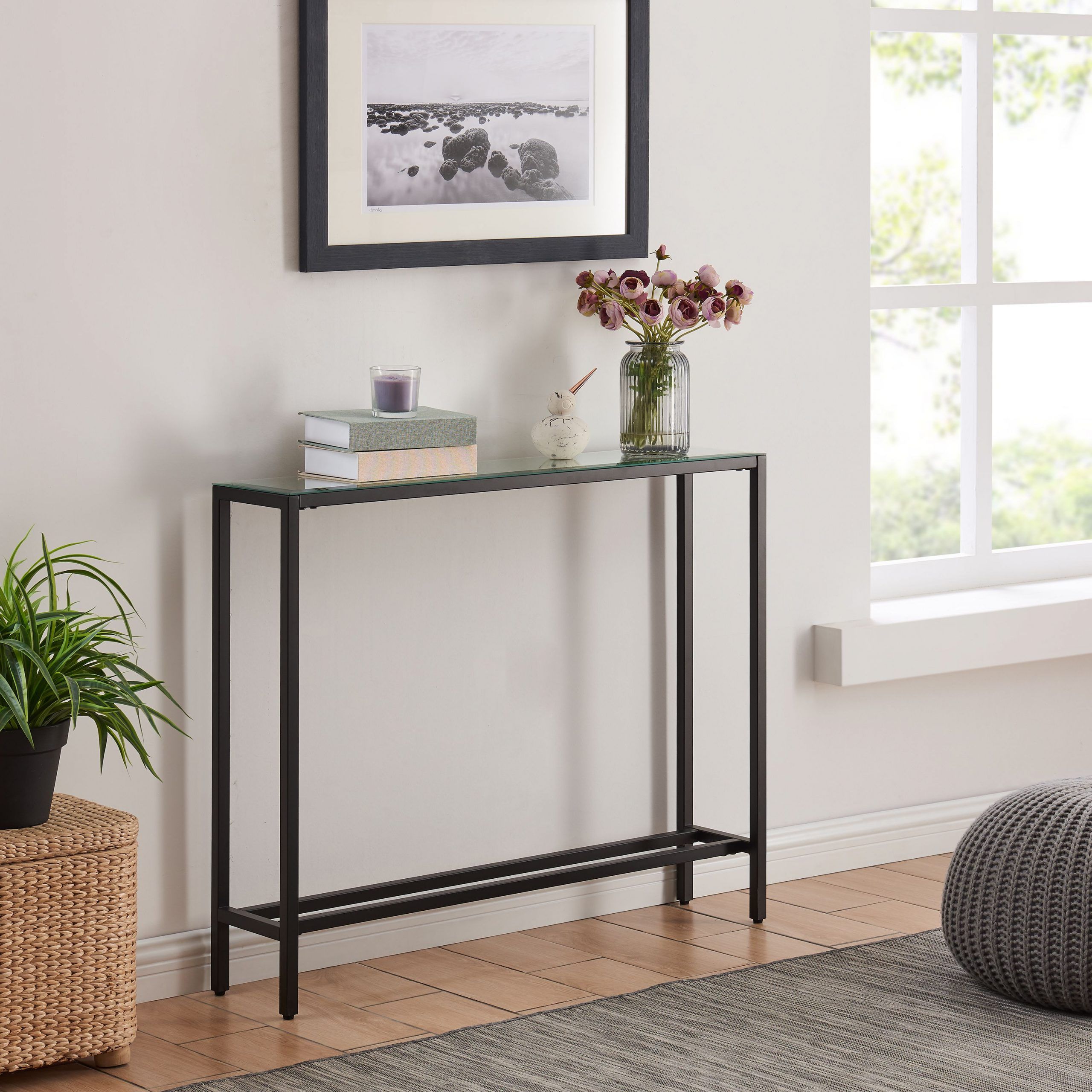 Derkkin Narrow Mini Console Table, Transitional, Black With Recent Antique White Black Console Tables (View 8 of 10)