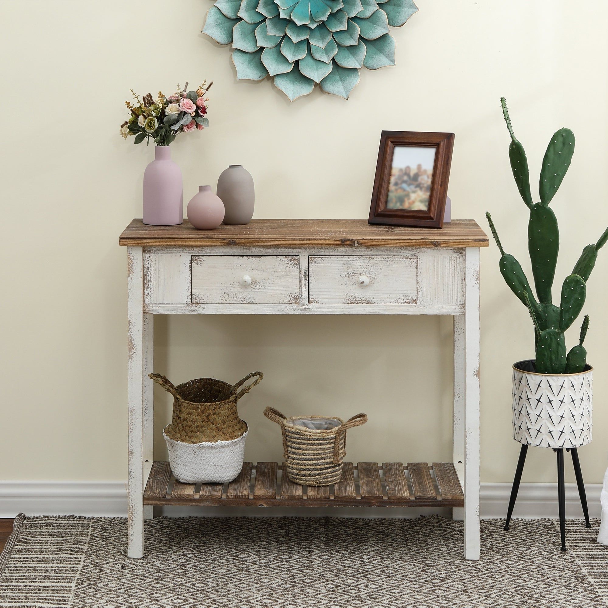 Distressed White Wood Vintage 2 Drawer Console Table With Regarding Popular Natural Wood Console Tables (View 1 of 10)
