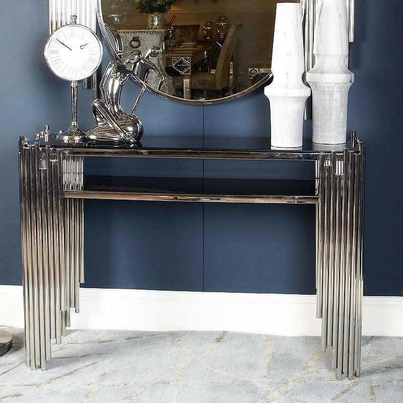 Favorite Remington Silver Premium Metal And Smoked Glass Console Within Brass Smoked Glass Console Tables (View 10 of 10)