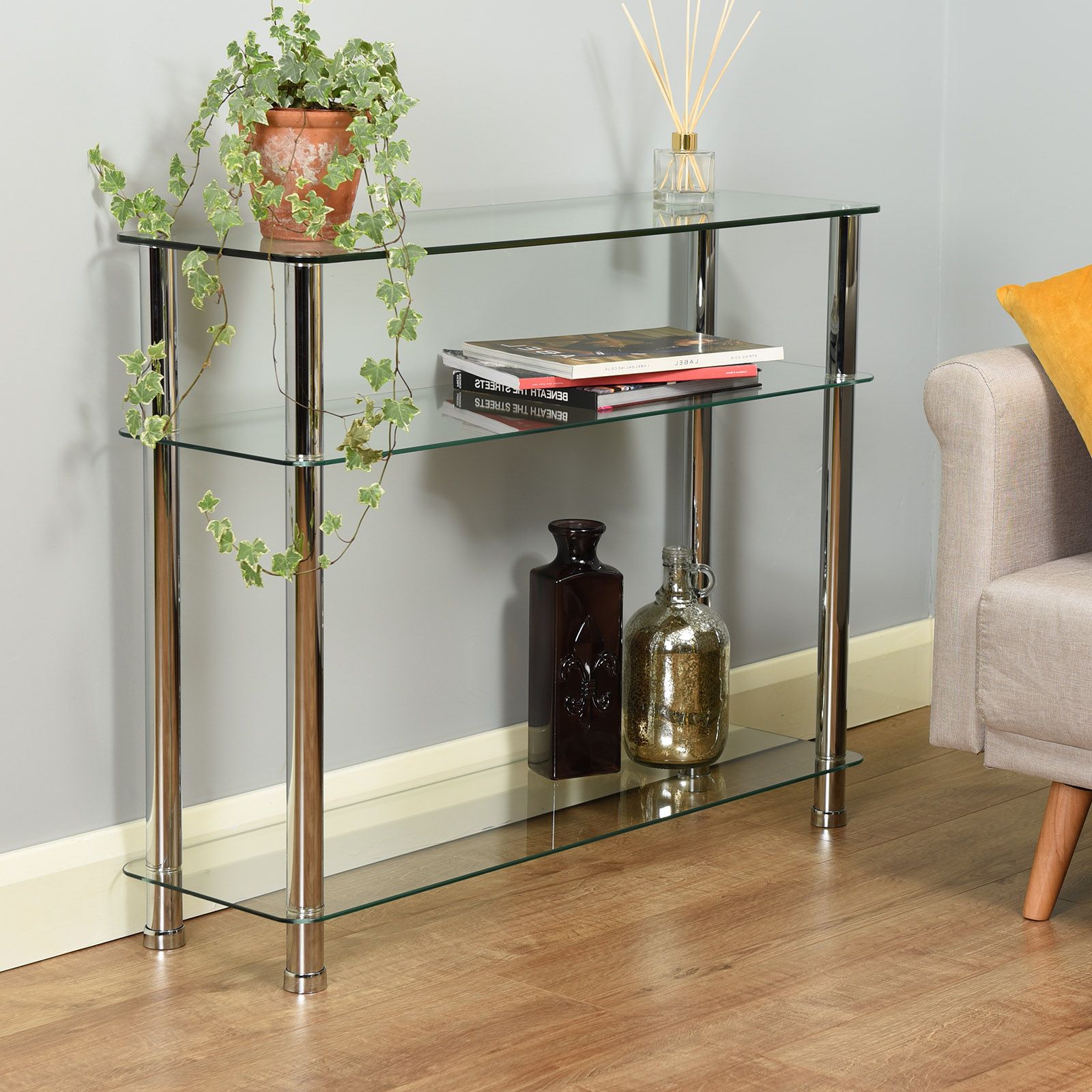 Glass 3 Tier Side/console Table Shelf Unit Bedroom/lounge Inside Most Popular Glass And Pewter Oval Console Tables (View 1 of 10)