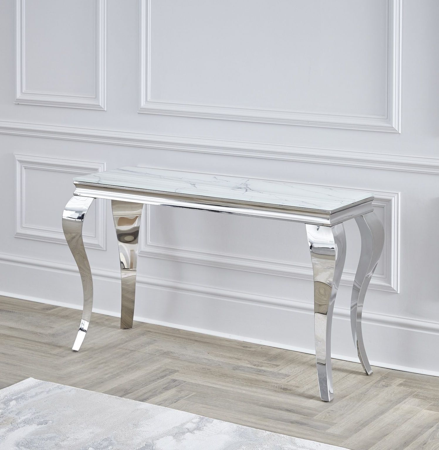 Glass And Chrome Console Tables Inside Recent Louis White Marble Glass Chrome Console Table / 100 Cm (View 6 of 10)