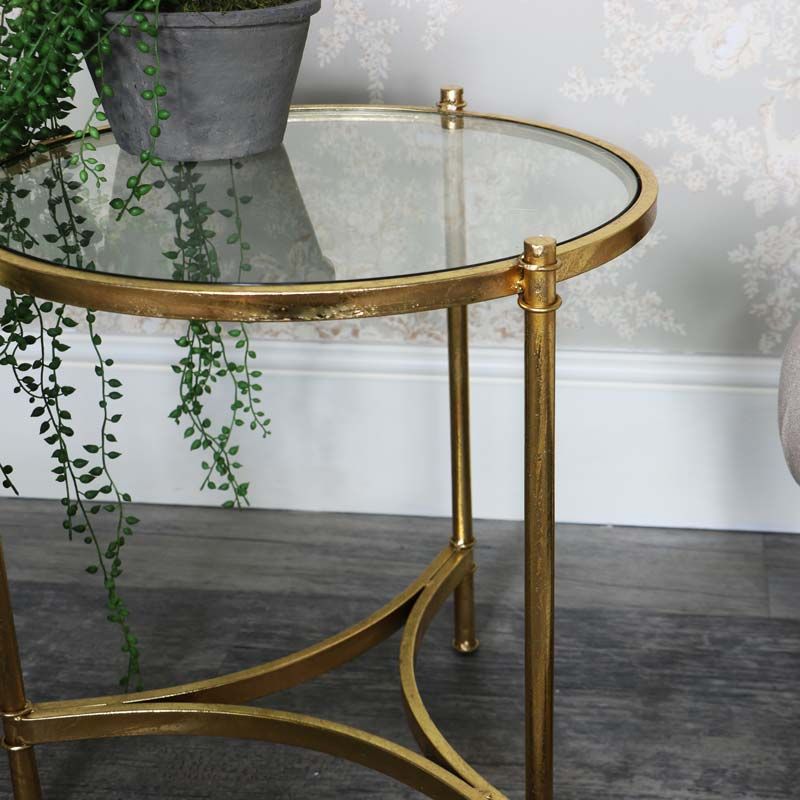 Glass And Gold Oval Console Tables In Current Antique Gold Round Glass Top Side Table (View 10 of 10)
