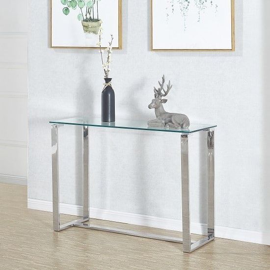 Glass And Pewter Oval Console Tables In Current Megan Clear Glass Rectangular Console Table With Chrome (View 2 of 10)