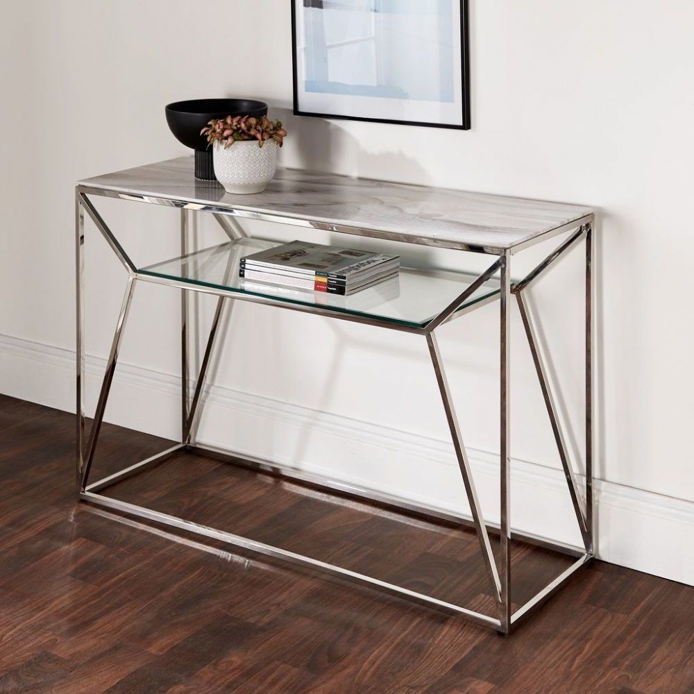 Glass And Pewter Oval Console Tables Within 2020 White Marble Glass Console Side Hall Table With Silver (View 6 of 10)
