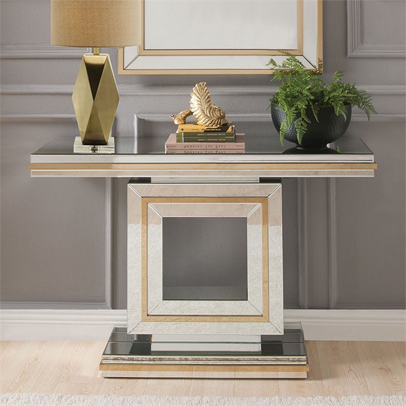 Gold Console Tables Regarding Popular Acme Osma Glam Console Table In Mirrored And Gold Trim (View 9 of 10)