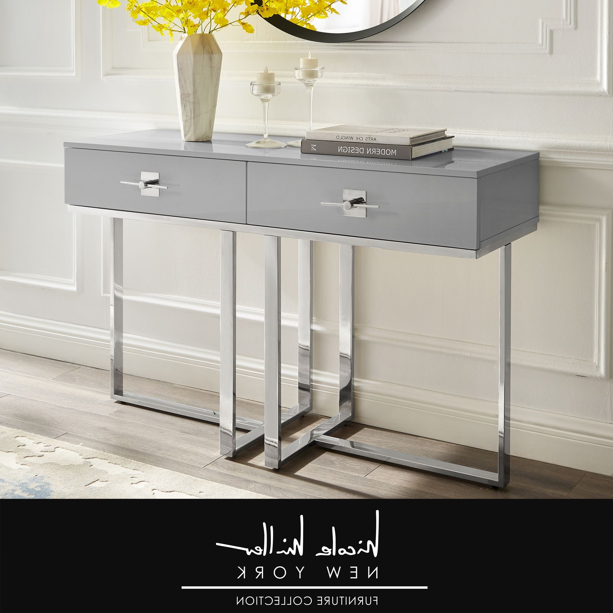 Gray Wood Black Steel Console Tables With Regard To 2020 Nicole Miller Meli Console Table 2 Drawers Hight Gloss (View 4 of 10)
