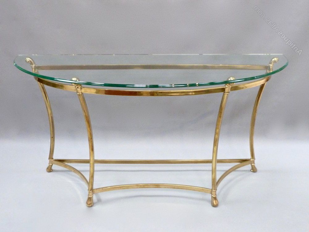 Hammered Antique Brass Modern Console Tables For Fashionable Antiques Atlas – Italian Glass And Brass Demi Lune Console (View 6 of 10)