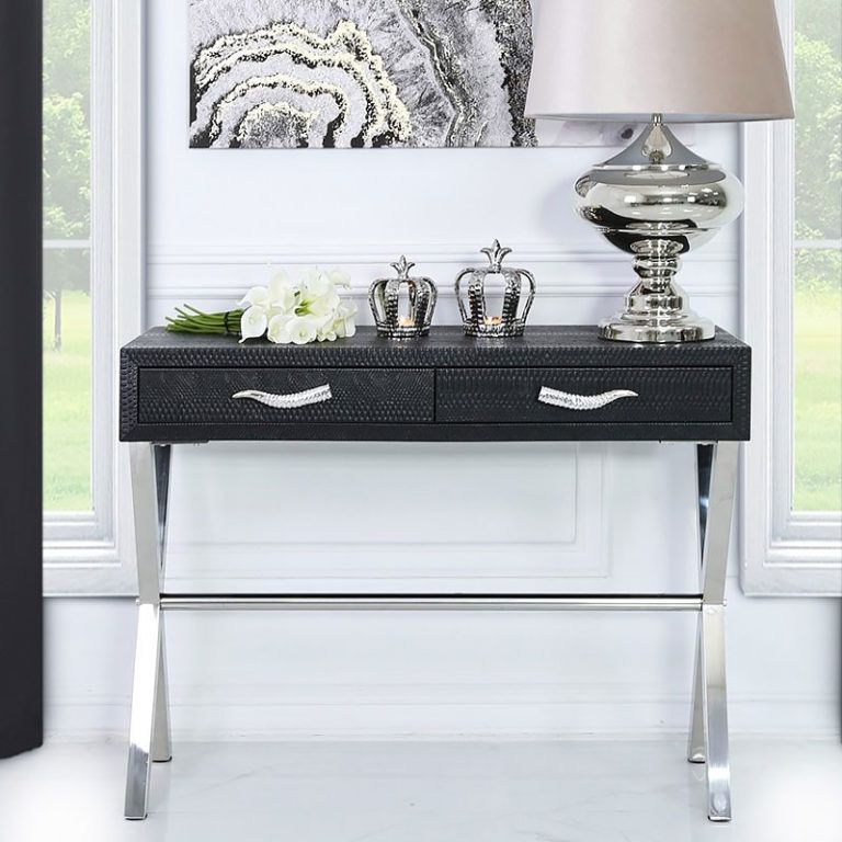 Latest 2 Drawer Oval Console Tables Pertaining To Black Faux Snakeskin Leather 2 Drawer Console Table (View 8 of 10)