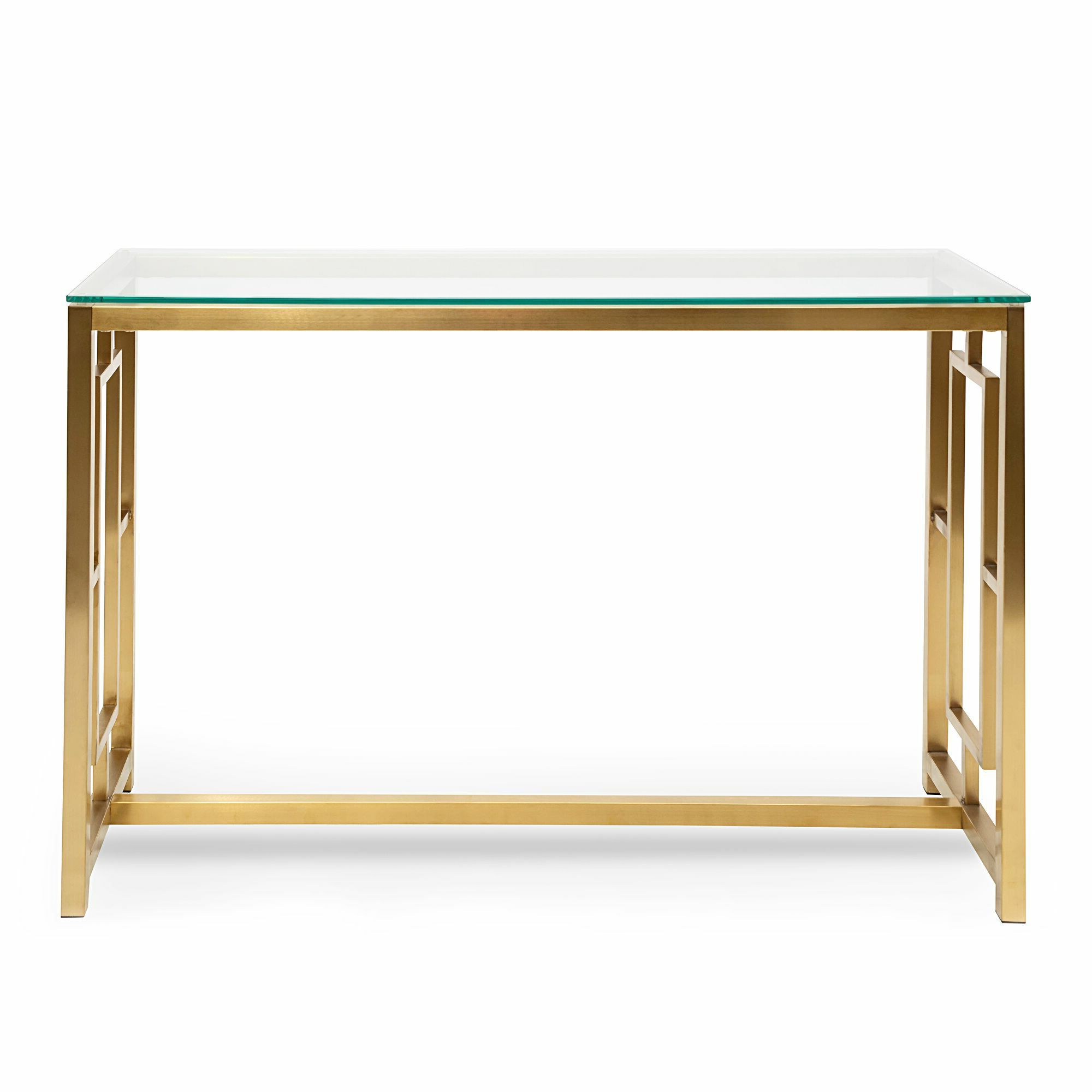 Latest Kater Glass Console Table – Brushed Gold Base – Hammond Intended For Geometric Glass Top Gold Console Tables (View 7 of 10)