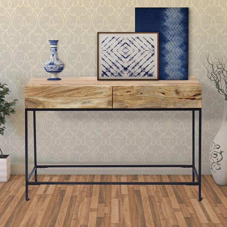 Mango Wood And Metal Console Table With Two Drawers, Brown Regarding Favorite Gray Wood Black Steel Console Tables (View 1 of 10)