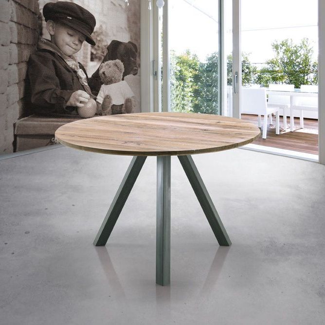 Metal Legs And Oak Top Round Console Tables In Widely Used Modena Round Solid Wood Dining Table With Vintage Metal (View 6 of 10)