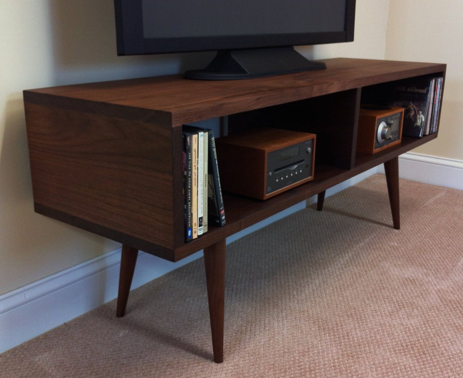 Mid Century Modern Tv Table/entertainment Console Black With Widely Used Large Modern Console Tables (View 4 of 10)