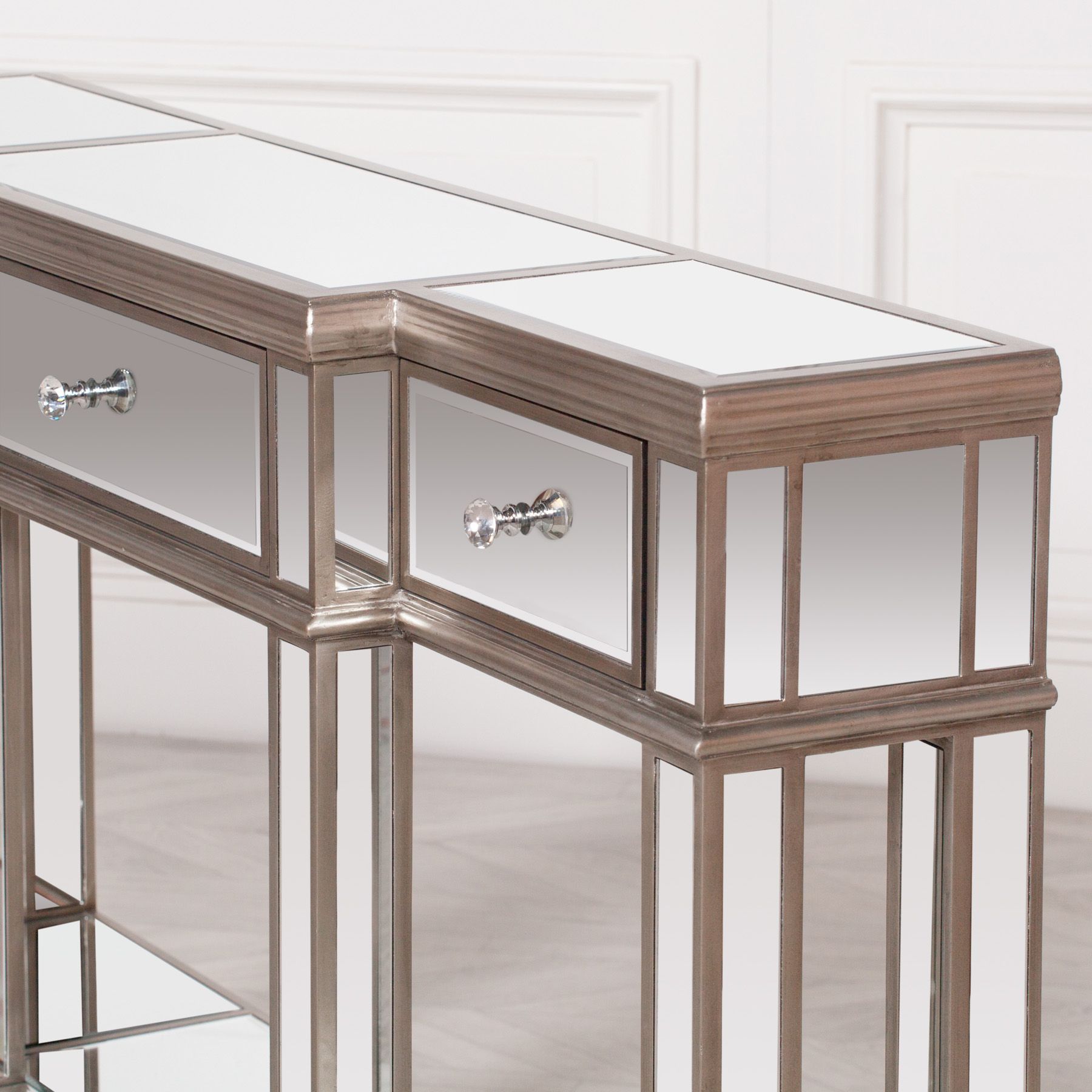 Mirrored And Silver Console Tables Within 2019 Champagne Silver Mirror Console Table – Maison Reproductions (View 6 of 10)