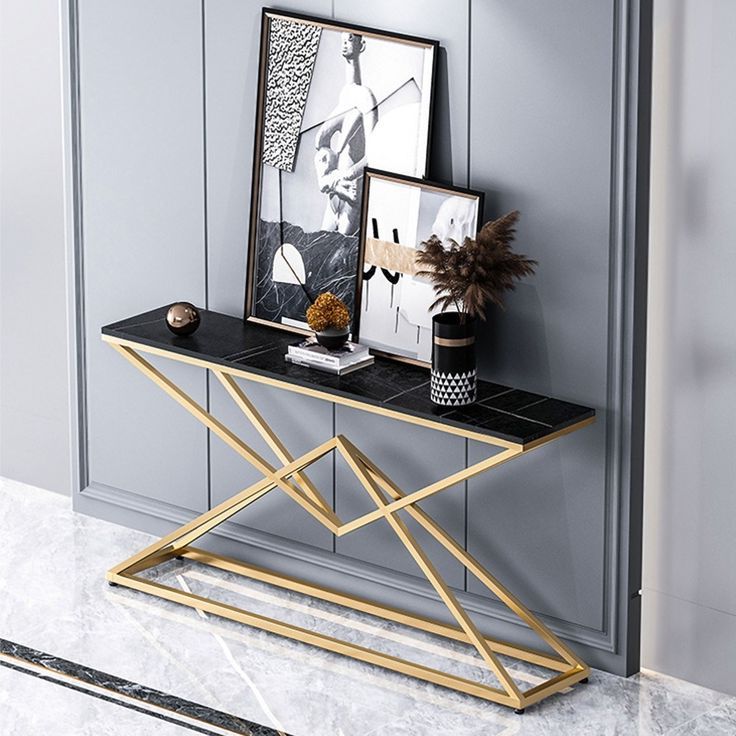 Modern Black Luxury Stone Narrow Console Table Rectangle In Most Up To Date Metallic Gold Console Tables (View 9 of 10)