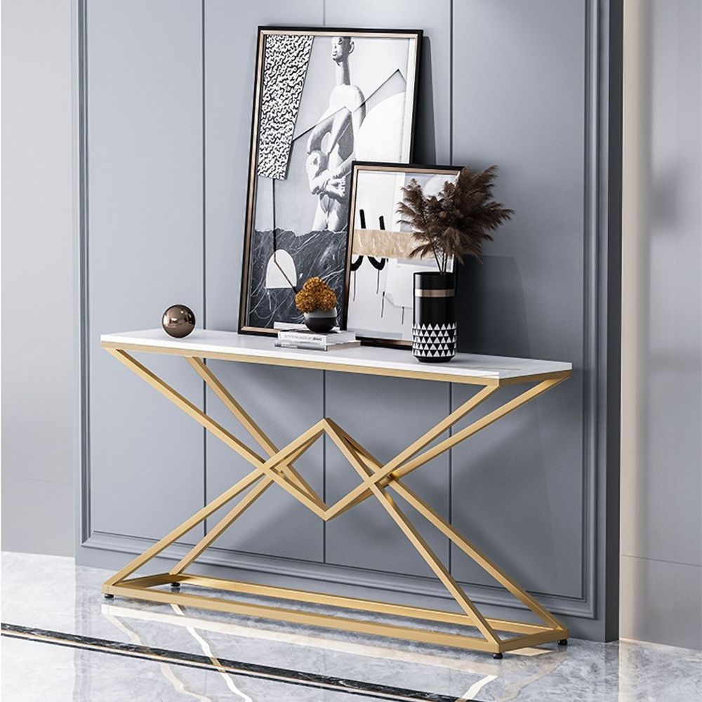 Modern White Luxury Stone Narrow Console Table Rectangle Inside Most Up To Date White Marble And Gold Console Tables (View 1 of 10)