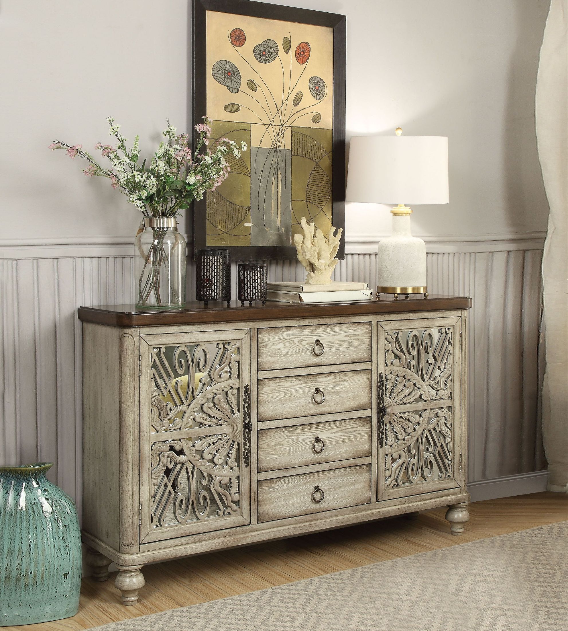 Most Current Acme Vermont Antique White 4 Drawer Console Table Regarding Antique Console Tables (View 10 of 10)