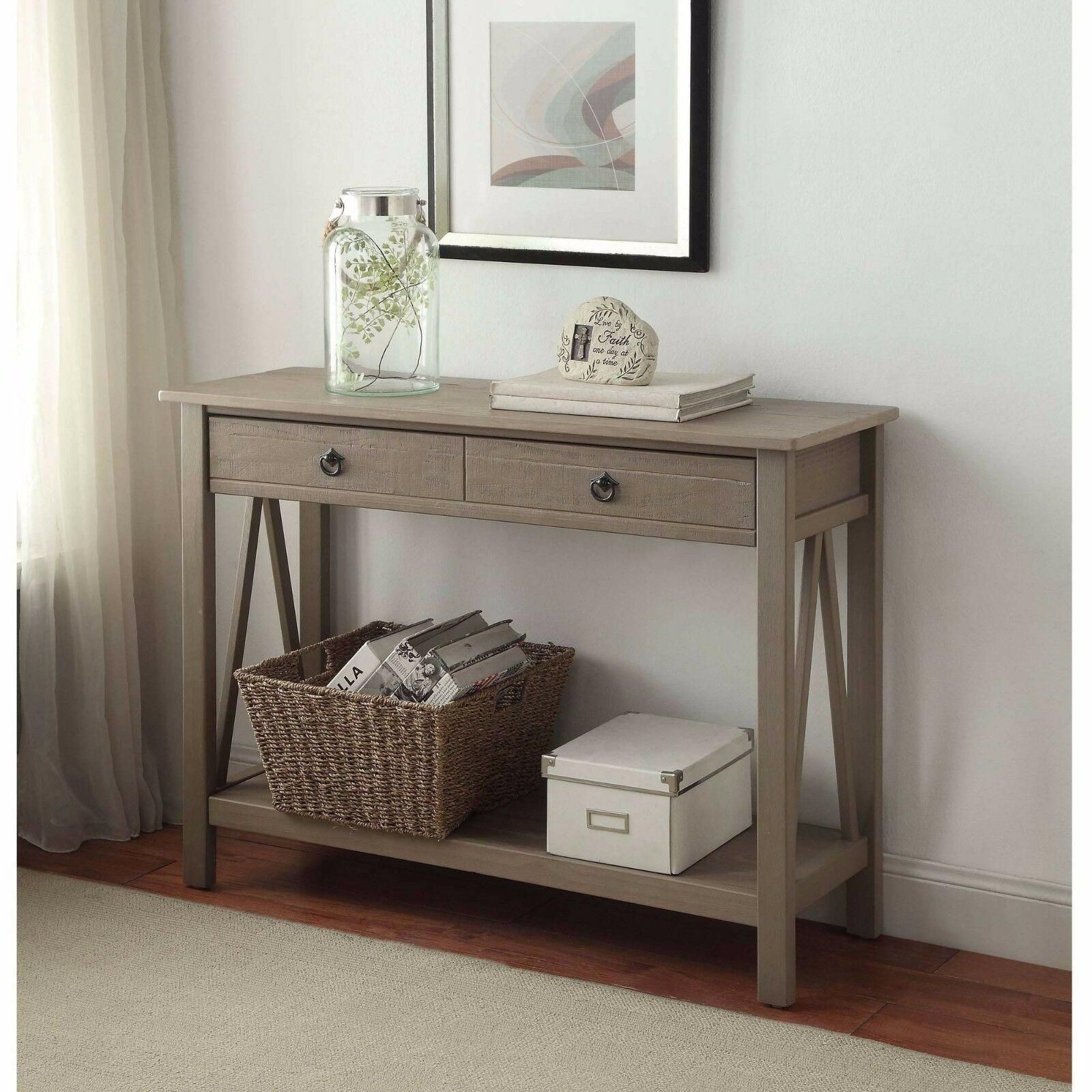 Most Current Aged Black Console Tables Regarding Console Table In Rustic Woodgrain Gray Finish Sof (View 9 of 10)