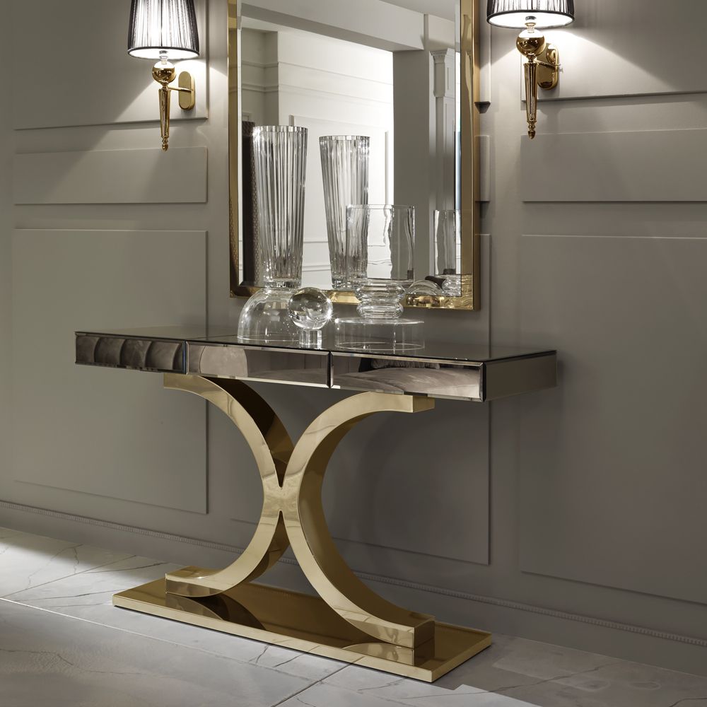 Most Current Designer Italian Bronze Mirrored Glass Modern Gold Console Throughout Gold And Mirror Modern Cube Console Tables (View 1 of 10)