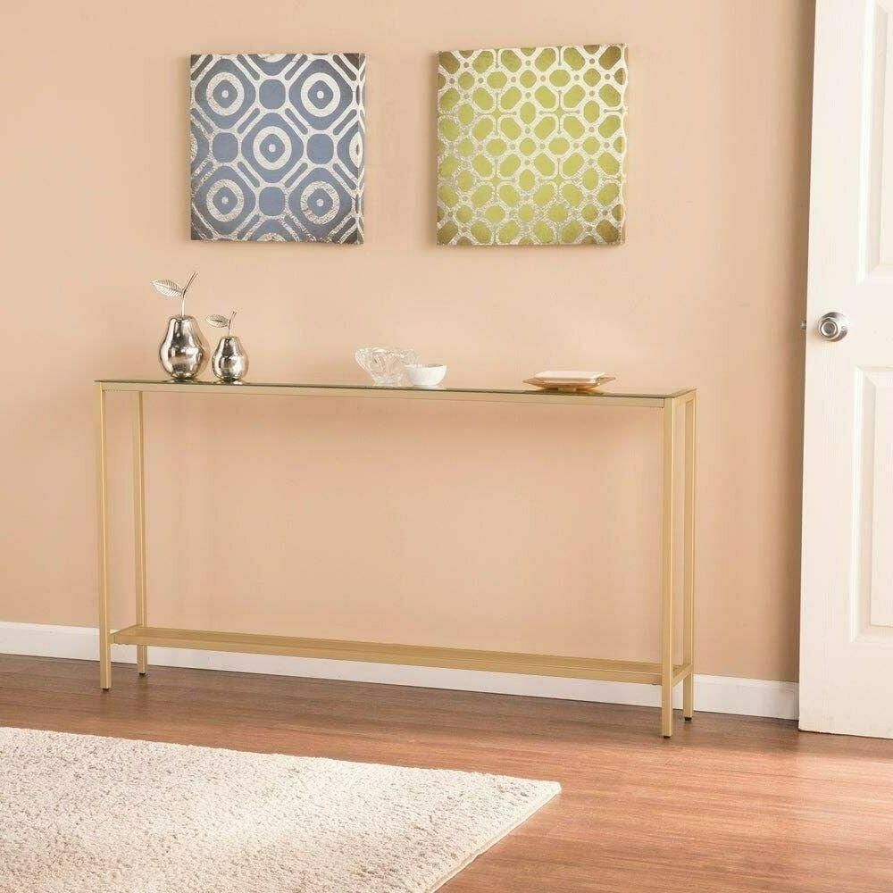 Most Popular Antiqued Gold Rectangular Console Tables Throughout 55" Slim Console Table Gold Mirror Top Glam (View 9 of 10)