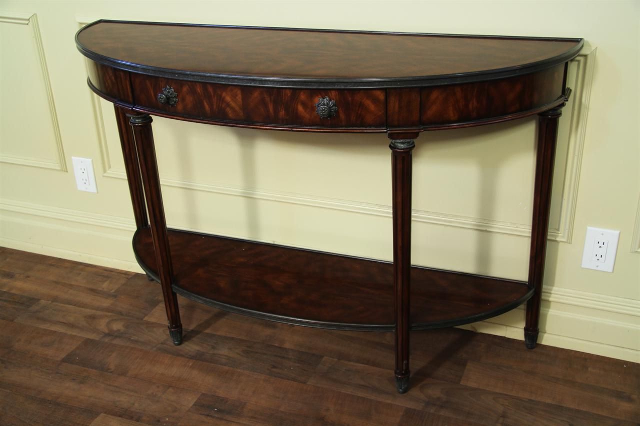 Most Popular Bowfront Mahogany Console Table With Brass Accents Inside Antique Silver Metal Console Tables (View 1 of 10)