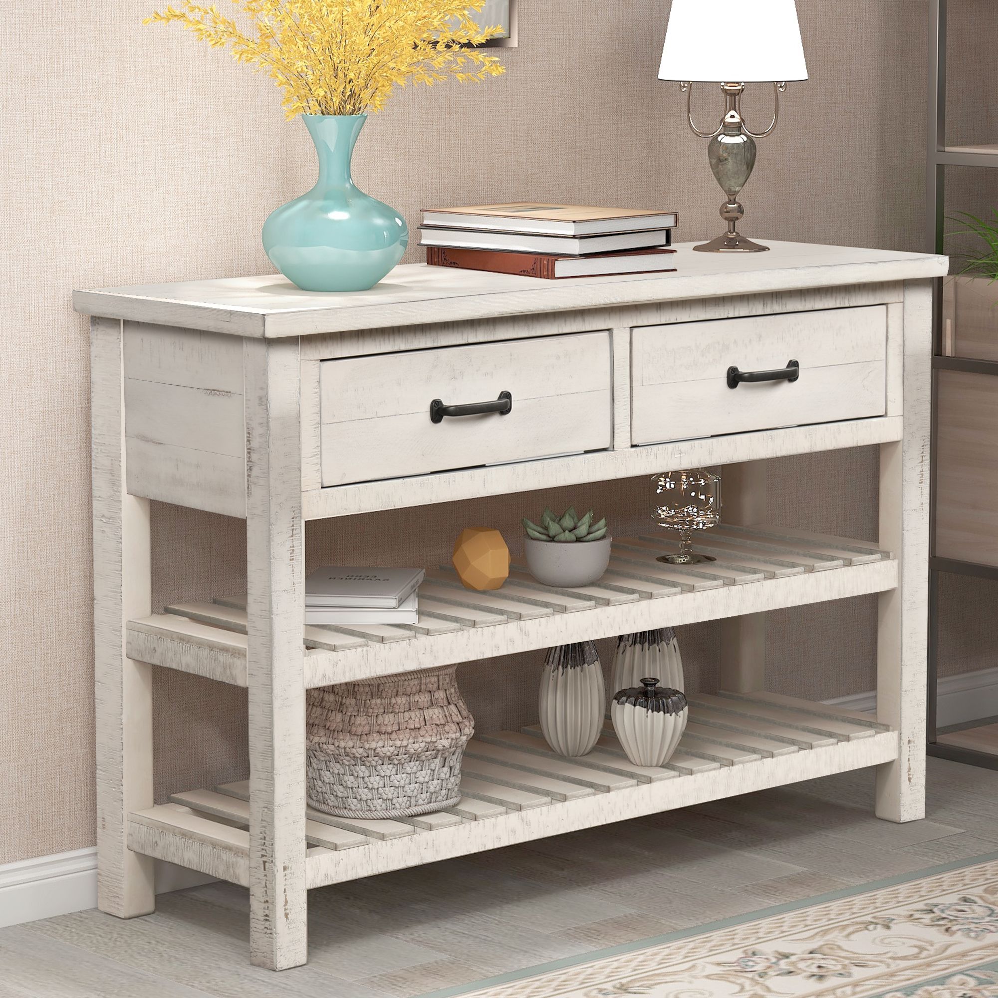 Most Popular Modern Farmhouse Console Tables With Regard To Console Table With Storage Drawers, Btmway 45" Rustic Wood (View 4 of 10)