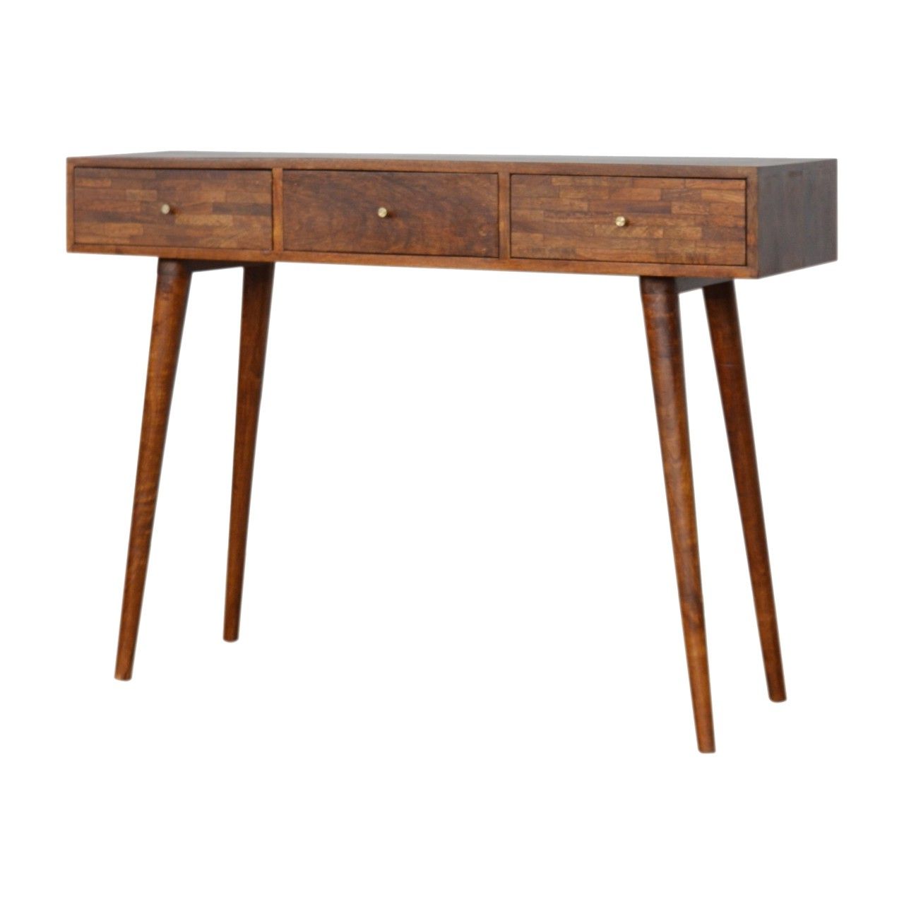 Most Popular Solid Mango Wood Varied Chestnut Finished 3 Drawer Console With Regard To Natural Mango Wood Console Tables (View 10 of 10)