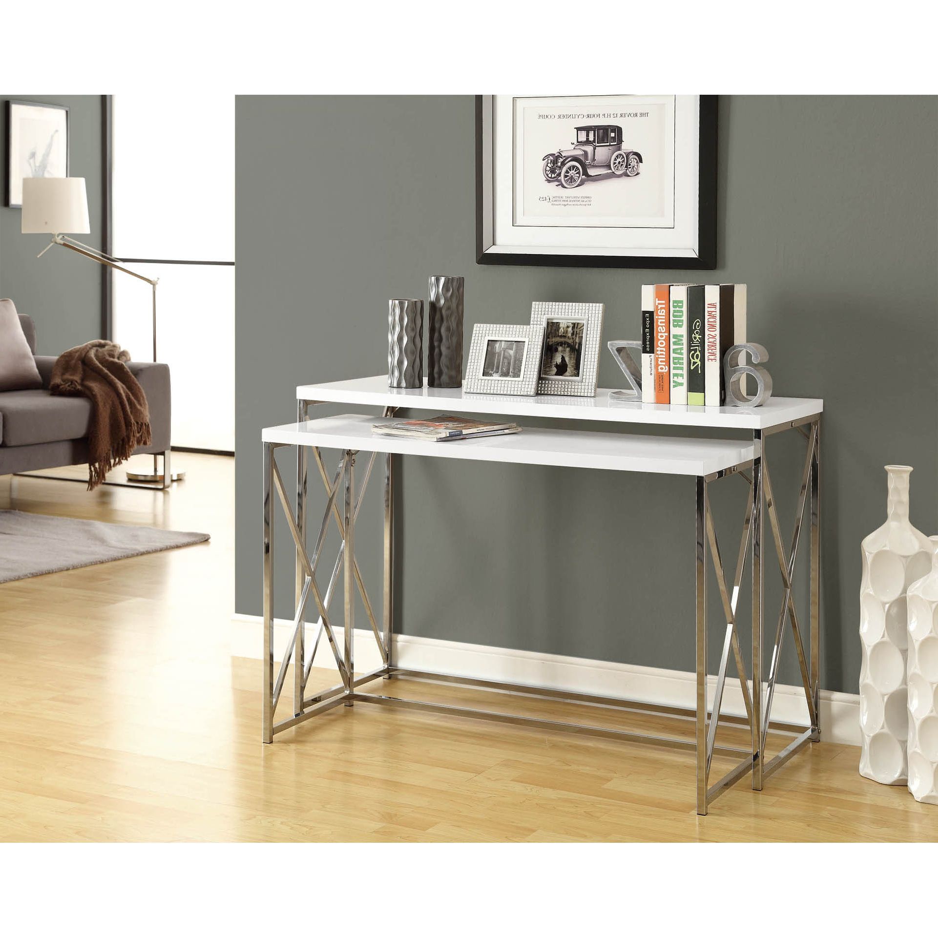 Most Popular White Gloss And Maple Cream Console Tables Pertaining To Glossy White/ Chrome Metal 2 Piece Console Table Set (View 8 of 10)