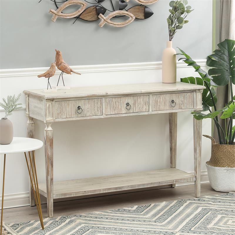 Most Popular White Washed Wood Three Drawer Console Table – Whif1090 Inside Geometric White Console Tables (View 1 of 10)