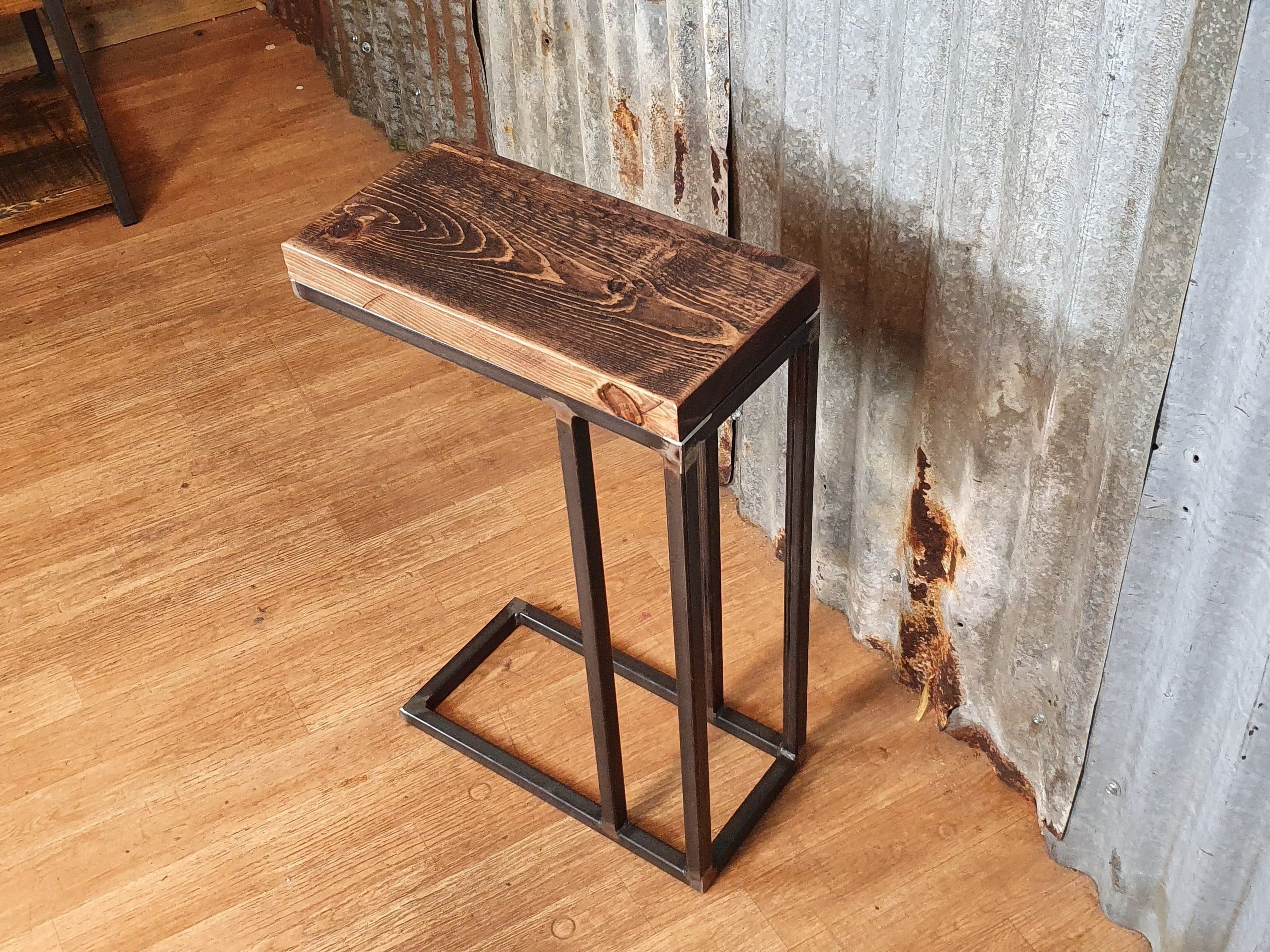Most Recent Rustic Industrial Sofa Side Table, Wooden C Shaped Lap Within Barnside Round Console Tables (View 7 of 10)