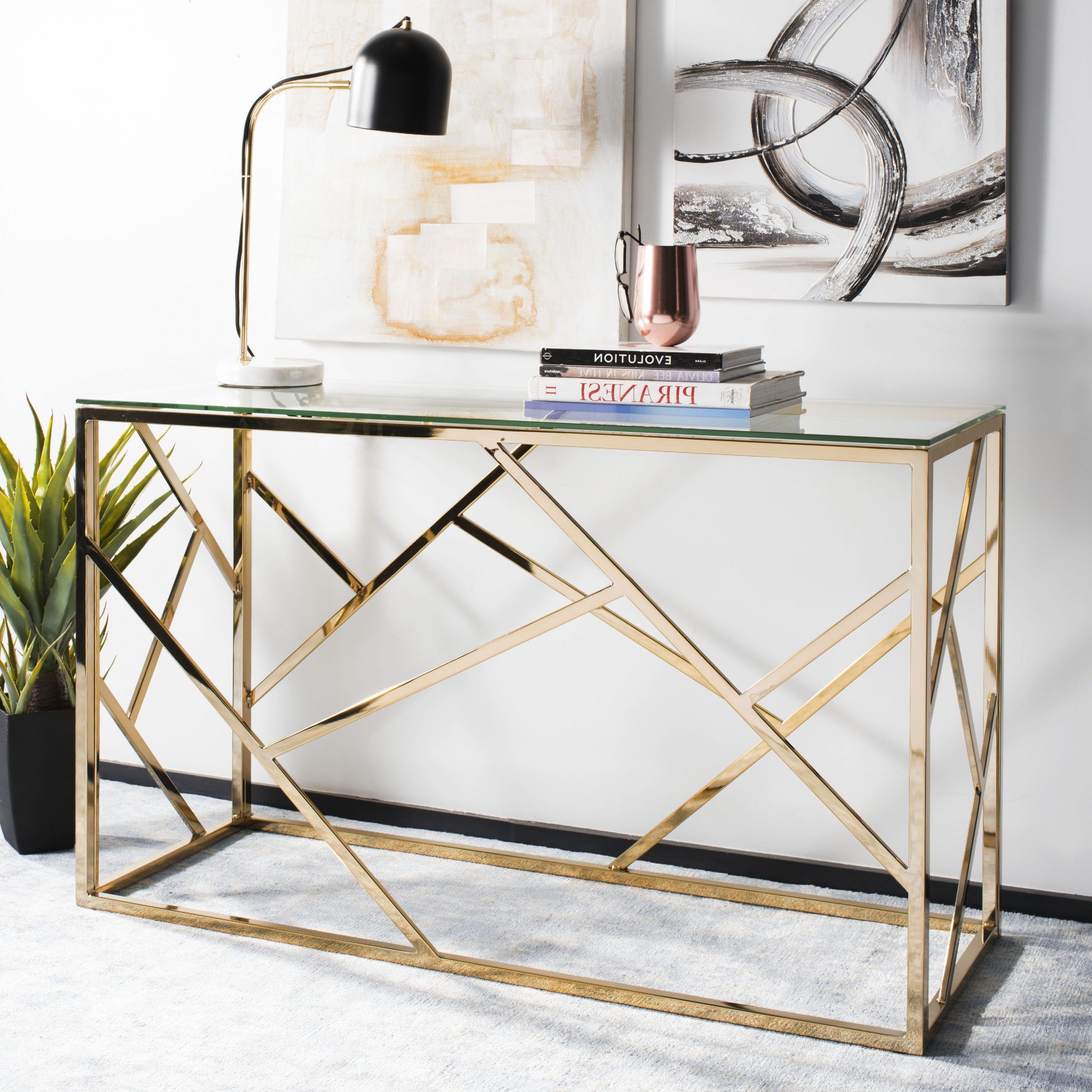 Most Recent Safavieh Namiko Modern Glam Console Table, Brass/glass Top Within Glass Console Tables (View 8 of 10)