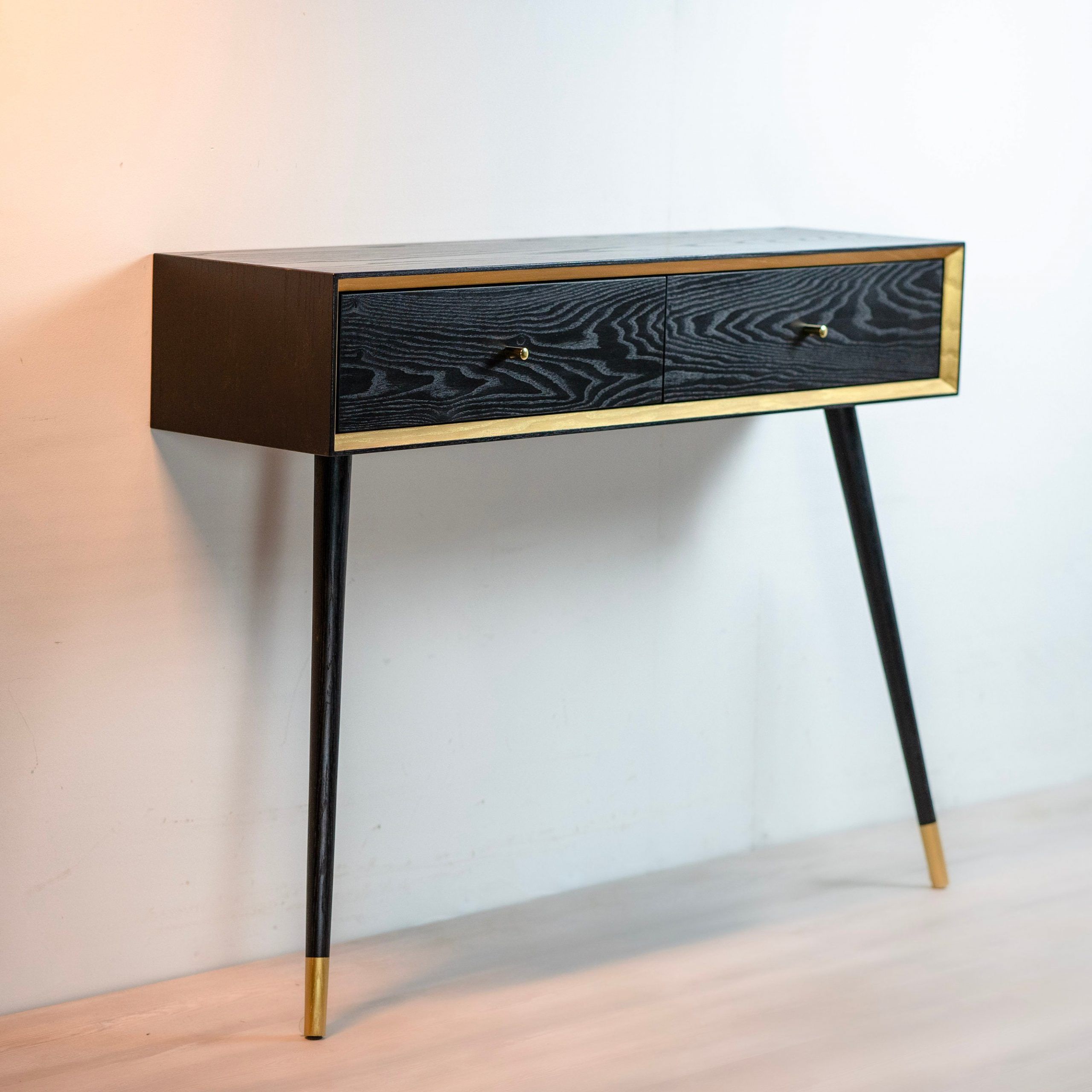 Most Up To Date Hammered Antique Brass Modern Console Tables With Regard To Solid Wood Console Table, Entryway Mcm Black And Gold (View 2 of 10)