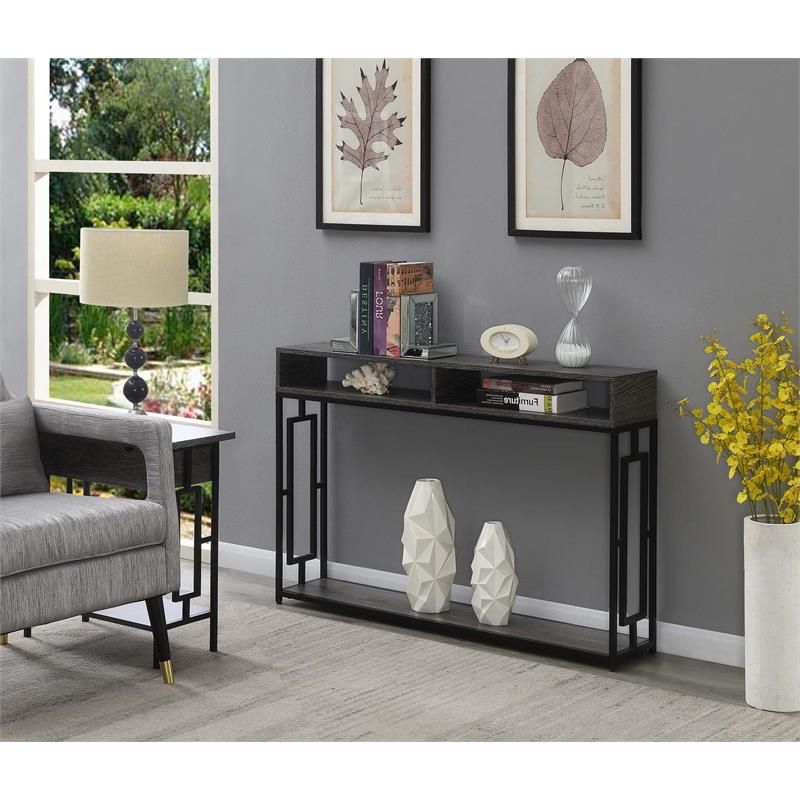 Most Up To Date Town Square Deluxe 2 Tier Console Table In Weathered Gray In Square Matte Black Console Tables (View 9 of 10)