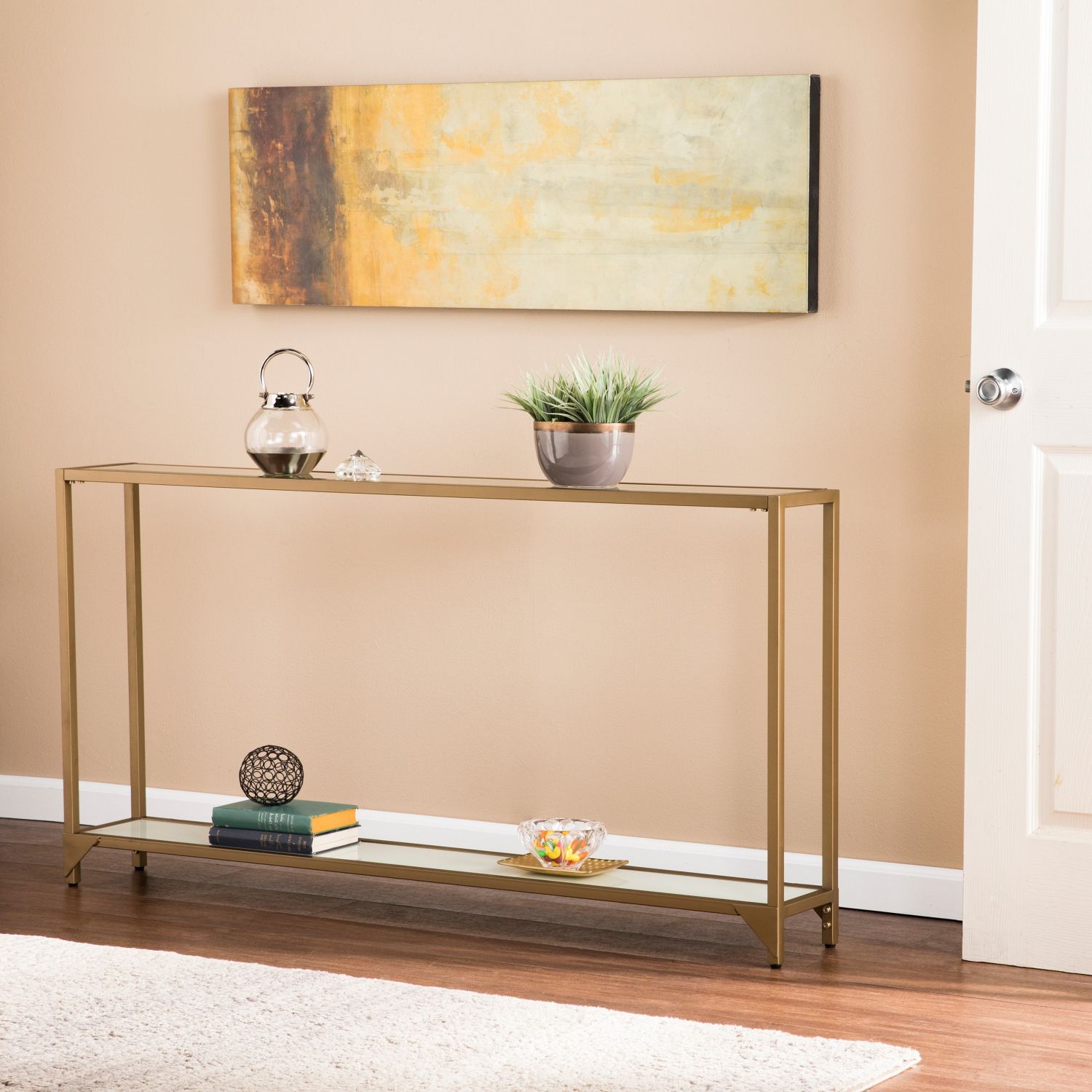 Newest Metallic Gold Console Tables With Regard To Narrow Thin Gold Console Table Metal & Glass W/shelf (View 8 of 10)