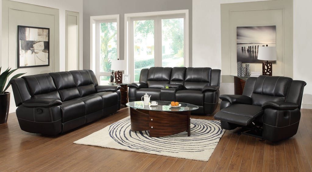 Newest Transitional 3 Piece Leather Reclining Sofa Set In Black With Regard To 3 Piece Console Tables (View 3 of 10)