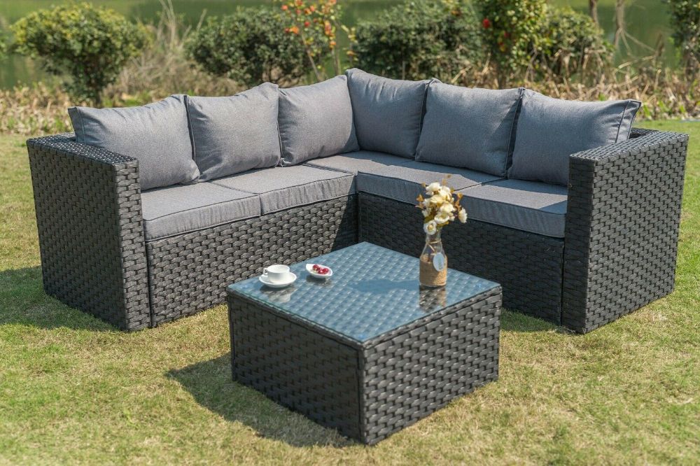 Newest Yakoe Outdoor Rattan Garden Furniture 5 Seater Corner Sofa With Black And Tan Rattan Console Tables (View 3 of 10)
