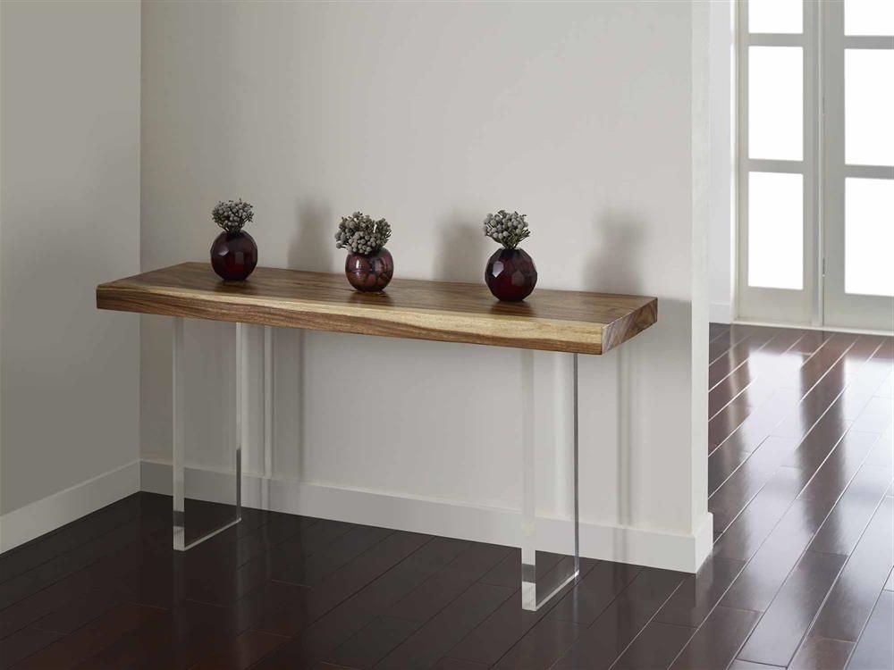 Phillips Collection Floating Rustic Lodge Chamcha Wood Top With Preferred Silver And Acrylic Console Tables (View 3 of 10)
