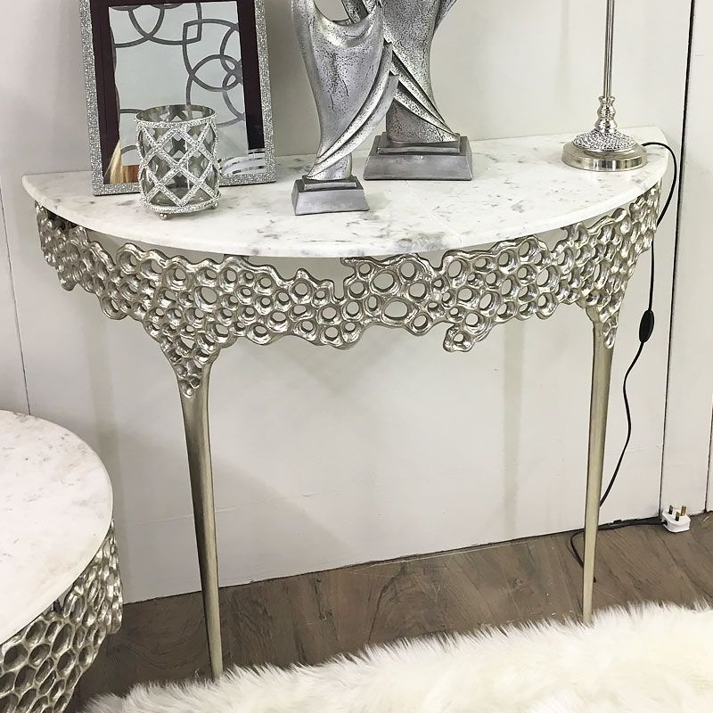 Popular Augusta Silver Metal And Marble Console Table Dressing In Antique Silver Aluminum Console Tables (View 2 of 10)