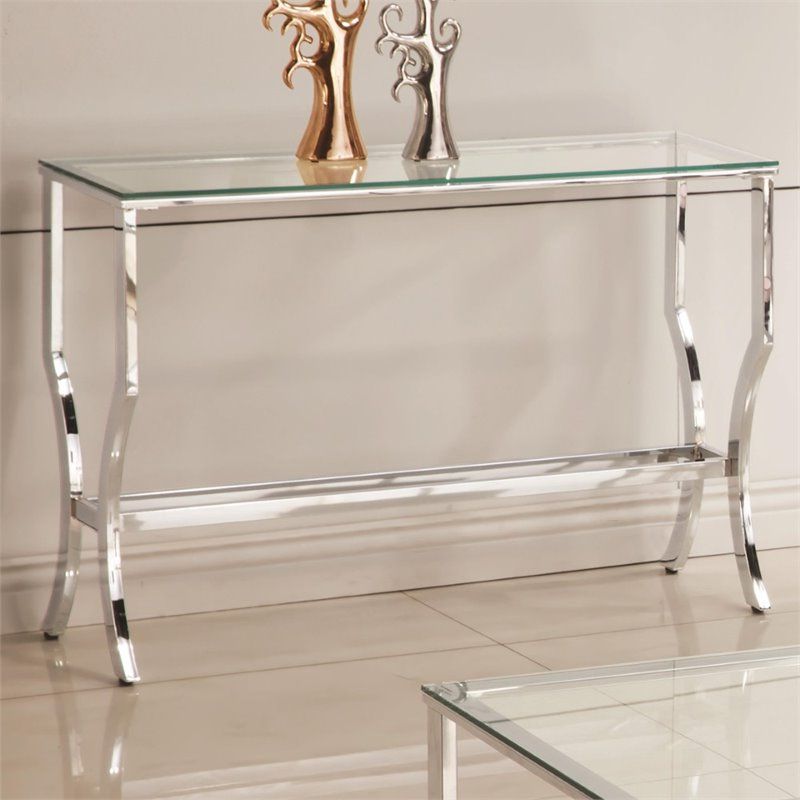 Popular Coaster Glass Top Console Table In Chrome – 720339 Throughout Silver Mirror And Chrome Console Tables (View 7 of 10)