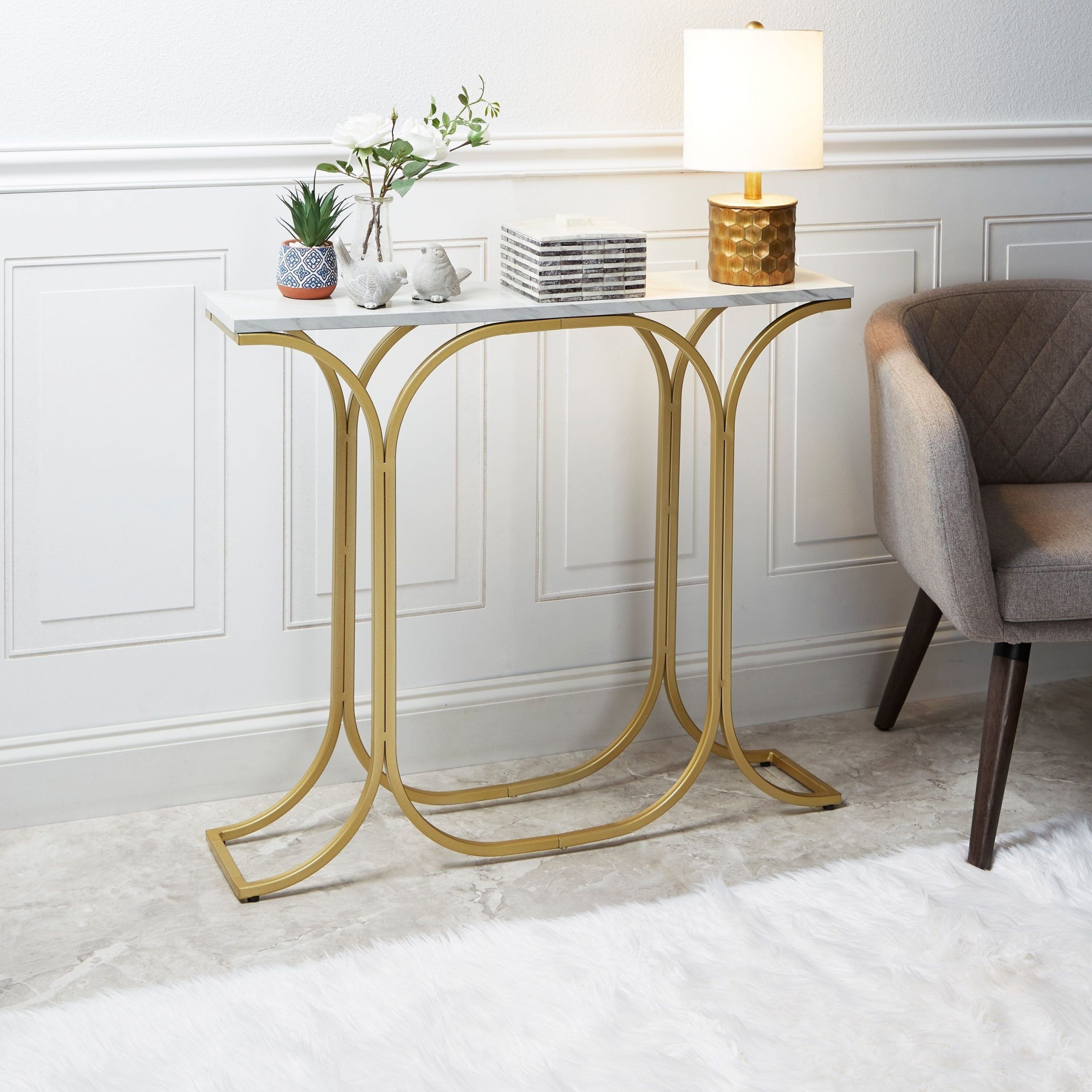 Preferred Geometric Glass Modern Console Tables In Suzanne Slim Goldtone Finish Console Table With Faux (View 3 of 10)