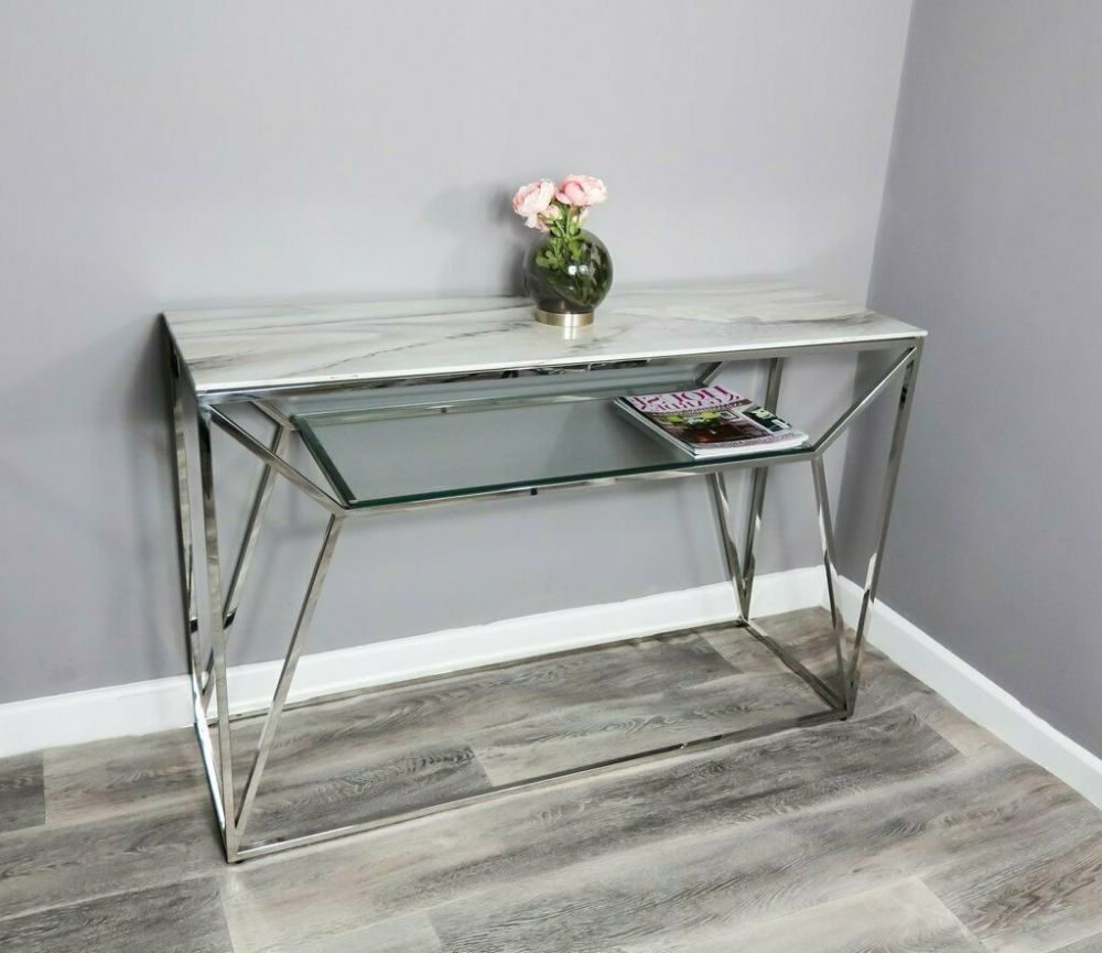 Preferred Glass And Pewter Console Tables Pertaining To White Marble Glass Console Side Hall Table With Silver (View 8 of 10)